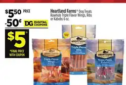 Dollar General Heartland Farms Dog Treats Rawhide Triple Flavor Wings, Ribs or Kabobs offer