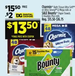Dollar General Charmin Bath Tissue Ultra 12 Mega rolls or SALE Bounty Paper Towels 6 Doubles Plus rolls offer