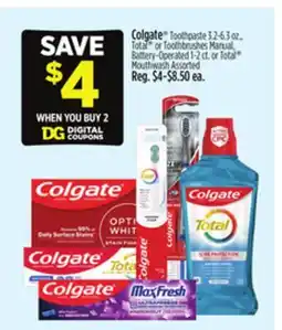 Dollar General Colgate Toothpaste , Total or Toothbrushes Manual, Battery-Operated 1-2 ct. or Total Mouthwash offer