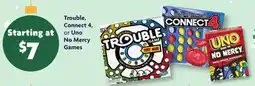 Family Dollar Trouble, Connect 4, or Uno No Mercy Games offer