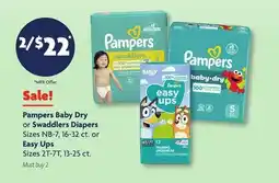Family Dollar Pampers Baby Dry or Swaddlers Diapers Sizes NB-7, 16-32 ct. or Easy Ups Sizes 2T-7T, 13-25 ct offer