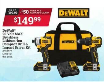 Ace Hardware Dewalt 20 Volt Max Brushless Lithium Ion Compact Drill & Impact Driver Kit offer