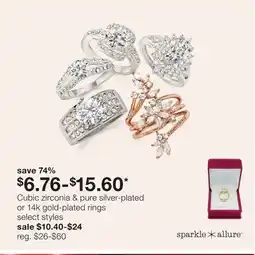 JC Penney Cubic zirconia & pure silver-plated or 14k gold-plated rings offer