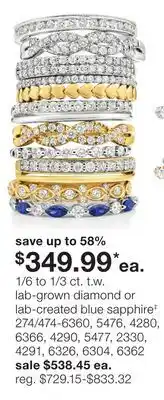 JC Penney 1/6 to 1/3 ct. t.w. lab-grown diamond or lab-created blue sapphire‡ offer