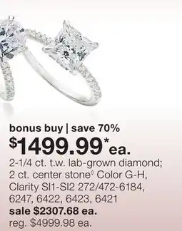 JC Penney 2-1/4 ct. t.w. lab-grown diamond 2 ct. center stone◊ Color G-H, Clarity SI1-SI2 offer