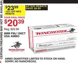 Dunham's Sports WINCHESTER 9MM FMJ 100CT USA AMMO offer