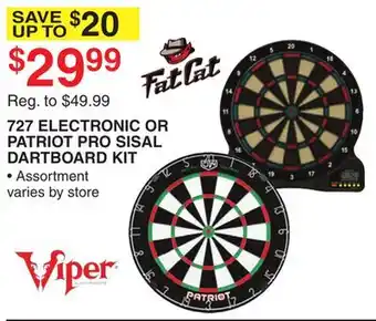 Dunham's Sports FAT CAT 727 ELECTRONIC OR PATRIOT PRO SISAL DARTBOARD KIT offer