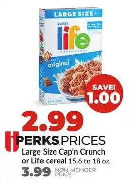Hy-Vee Large Size Quaker Cap'n Crunch or Life cereal offer