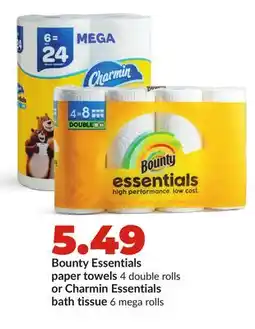 Hy-Vee Bounty Essentials paper towels 4 double rolls or Charmin Essentials bath tissue 6 mega rolls offer