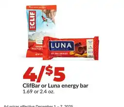 Hy-Vee ClifBar or Luna energy bar offer