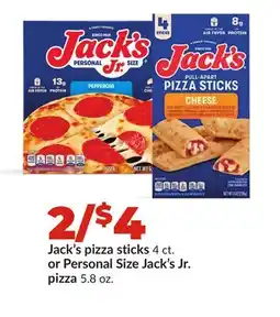 Hy-Vee Jack's pizza sticks 4 ct. or Personal Size Jack's Jr. pizza 5.8 oz offer