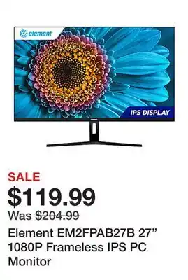 Office Depot Element EM2FPAB27B 27 1080P Frameless IPS PC Monitor offer