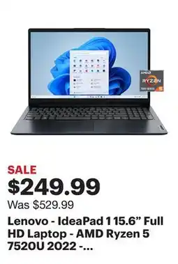 Best Buy Lenovo - IdeaPad 1 15.6 Full HD Laptop - AMD Ryzen 5 7520U 2022 - 8GB Memory- 256GB SSD - Abyss Blue offer