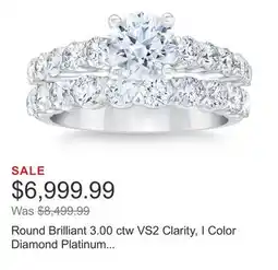 Costco Round Brilliant 3.00 ctw VS2 Clarity, I Color Diamond Platinum Wedding Set offer