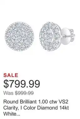 Costco Round Brilliant 1.00 ctw VS2 Clarity, I Color Diamond 14kt White Gold Earrings offer