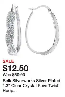 Belk Belk Silverworks Silver Plated 1.3 Clear Crystal Pavé Twist Hoop Earrings offer