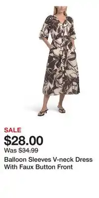 TJ Maxx Balloon Sleeves V-neck Dress With Faux Button Front offer