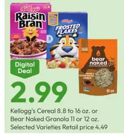 Stater Bros Kellogg's Cereal 8.8 to 16 oz. or Bear Naked Granola 11 or 12 oz offer