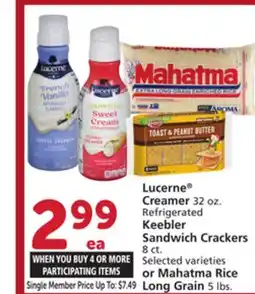 Vons Lucerne Creamer 32 oz. Refrigerated Keebler Sandwich Crackers 8 ct. or Mahatma Rice Long Grain 5 lbs offer