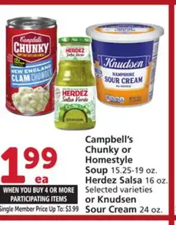 Vons Campbell's Chunky or Homestyle Soup 15.25-19 oz. Herdez Salsa 16 oz. or Knudsen Sour Cream 24 oz offer