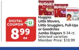 Pavilions Huggies Little Movers, Little Snugglers, Pull-Ups or Goodnites Jumbo Diapers offer