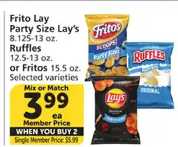 Albertsons Frito Lay Party Size Lay's 8.125-13 oz. Ruffles 12.5-13 oz. or Fritos 15.5 oz offer