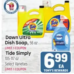 Tony’s Fresh Market Dawn Ultra Dish Soap, 56oz Tide Simply 105-117oz offer