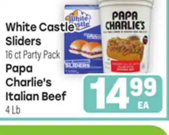 Tony’s Fresh Market White Castle Sliders 16ct Party Pack, Papa Charlie's Italian Beef 4Lb offer