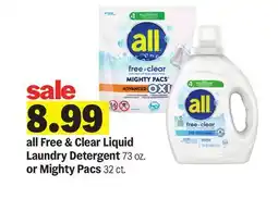 Meijer all Free & Clear Liquid Laundry Detergent 73 oz. or Mighty Pacs 32 ct offer