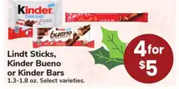Jewel-Osco Lindt Sticks, Kinder Bueno or Kinder Bars offer