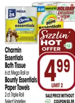 Jewel-Osco Charmin Essentials Bath Tissue 6 ct. Mega Roll or Bounty Essentials Paper Towels 2 ct. Triple Roll offer