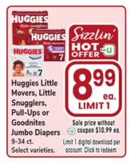 Jewel-Osco Huggies Little Movers, Little Snugglers, Pull-Ups or Goodnites Jumbo Diapers offer