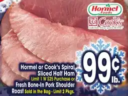 Jewel-Osco Hormel or Cook's Spiral Sliced Half Ham Fresh Bone-In Pork Shoulder Roast offer