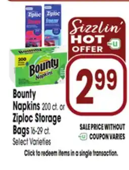 Jewel-Osco Bounty Napkins 200 ct. or Ziploc Storage Bags 16-29 ct offer