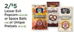 Heinen's Lesser Evil Popcorn 4.6-6.4 OZ. or Space Balls 5 OZ. or Unique Pretzels 10-11 OZ offer