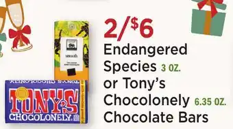 Heinen's Endangered Species 3 OZ. or Tony's Chocolonely 6.35 OZ. Bars offer