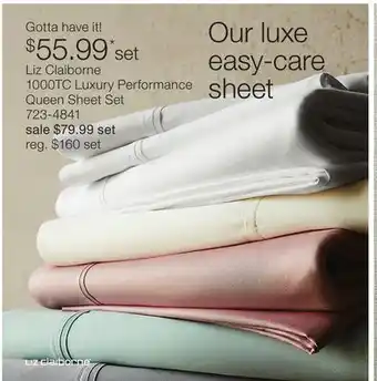 JC Penney Liz Claiborne 1000TC Luxury Performance Queen Sheet Set offer