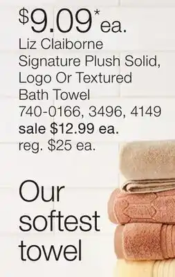 JC Penney Liz Claiborne Signature Plush Solid, Logo Or Textured Bath Towel offer