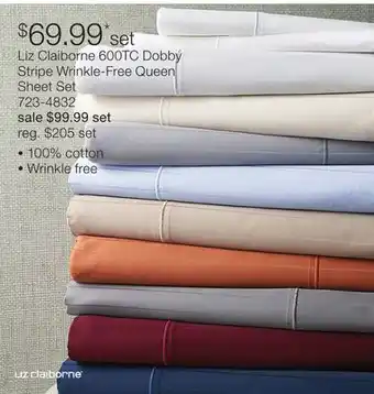 JC Penney Liz Claiborne 600TC Dobby Stripe Wrinkle-Free Queen Sheet Set offer