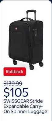 Walmart SWISSGEAR Stride Expandable Carry-On Spinner Luggage, Black, 8 Wheels and Built-in TSA Lock offer