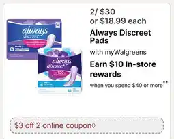 Walgreens Always Discreet Pads offer