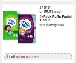 Walgreens 4-Pack Puffs Facial Tissue offer