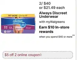 Walgreens Always Discreet Underwear offer