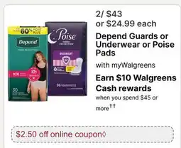 Walgreens Depend Guards or Underwear or Poise Pads offer