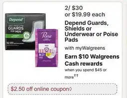 Walgreens Depend Guards, Shields or Underwear or Poise Pads offer