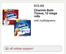 Walgreens Charmin Bath Tissue, 12 mega rolls offer