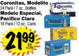 Superior Grocers Coronitas, Modelito 24 Pack / 7 oz., Bottles, Modelo Especial, Pacifico Clara 18 Pack / 12 oz., Cans offer