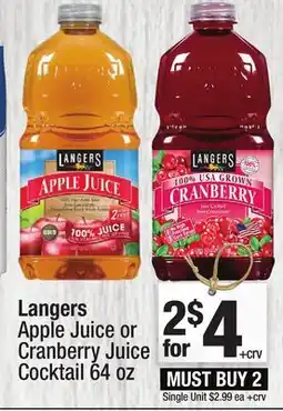 Super King Markets Langers Apple Juice or Cranberry Juice Cocktail offer
