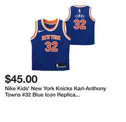 Dick's Sporting Goods Nike Kids' New York Knicks Karl-Anthony Towns #32 Blue Icon Replica Jersey offer