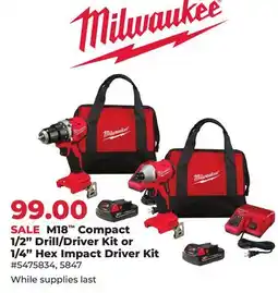 Runnings M18 Compact 1/2 Drill/Driver Kit or 1/4 Hex Impact Driver Kit offer